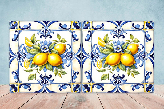 Italian Majolica Lemon Tiles - Set of 2 Italian Wall Decor Tiles - Kitchen Backsplash Tiles, Table Decorative Tiles, Bathroom Tiles, Coaster