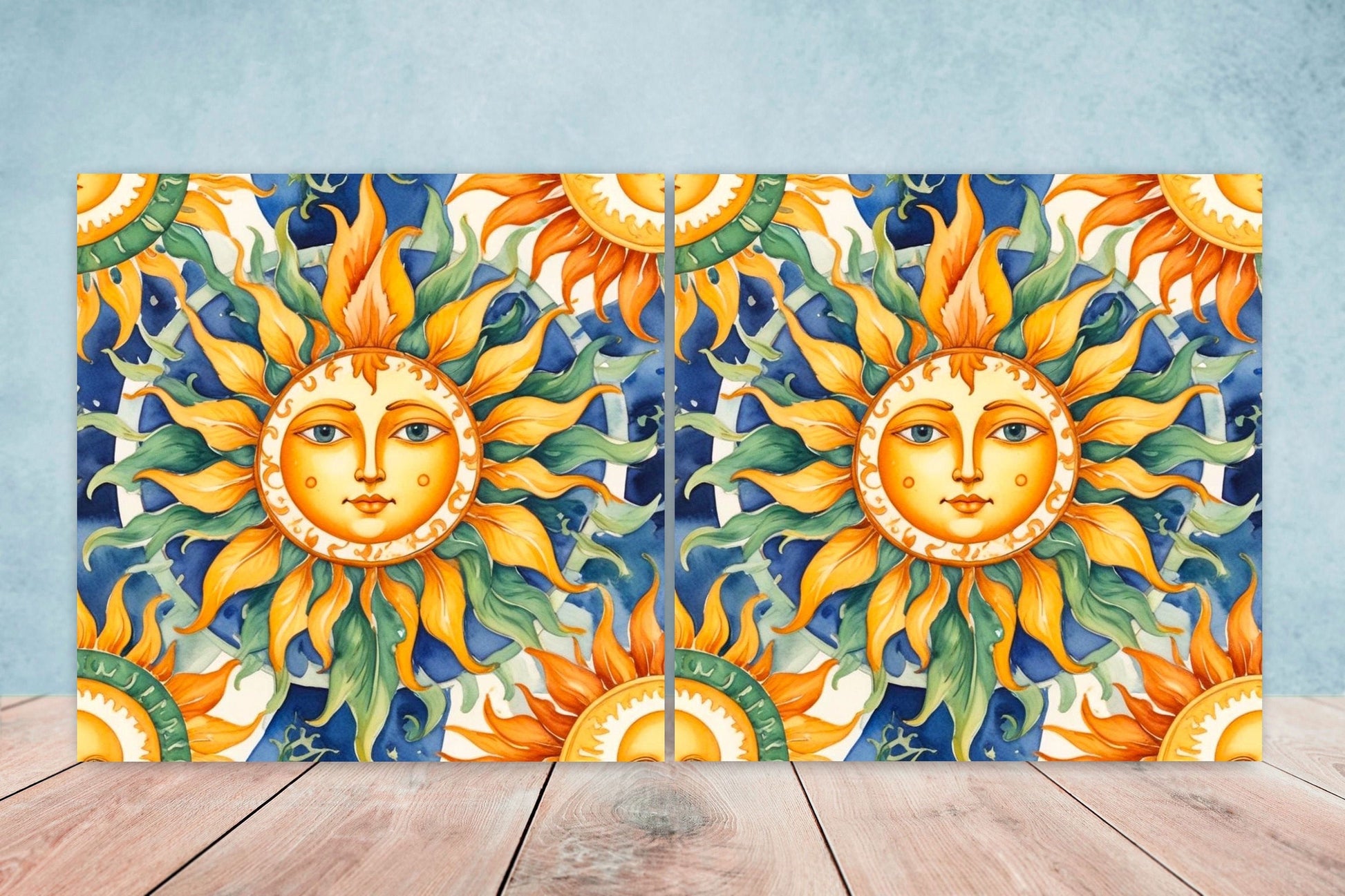 Italian Majolica Sun Tiles - Set of 2 Italian Wall Decor Tiles - Kitchen Backsplash Tiles, Table Decorative Tiles, Bathroom Tiles, Coaster