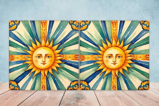 Italian Majolica Sun Tiles - Set of 2 Italian Wall Decor Tiles - Kitchen Backsplash Tiles, Table Decorative Tiles, Bathroom Tiles, Coaster