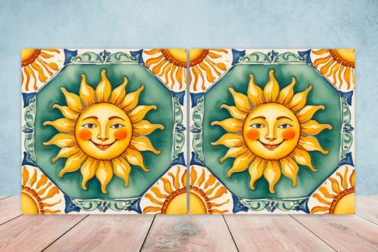 Italian Majolica Sun Tiles - Set of 2 Italian Wall Decor Tiles - Kitchen Backsplash Tiles, Table Decorative Tiles, Bathroom Tiles, Coaster