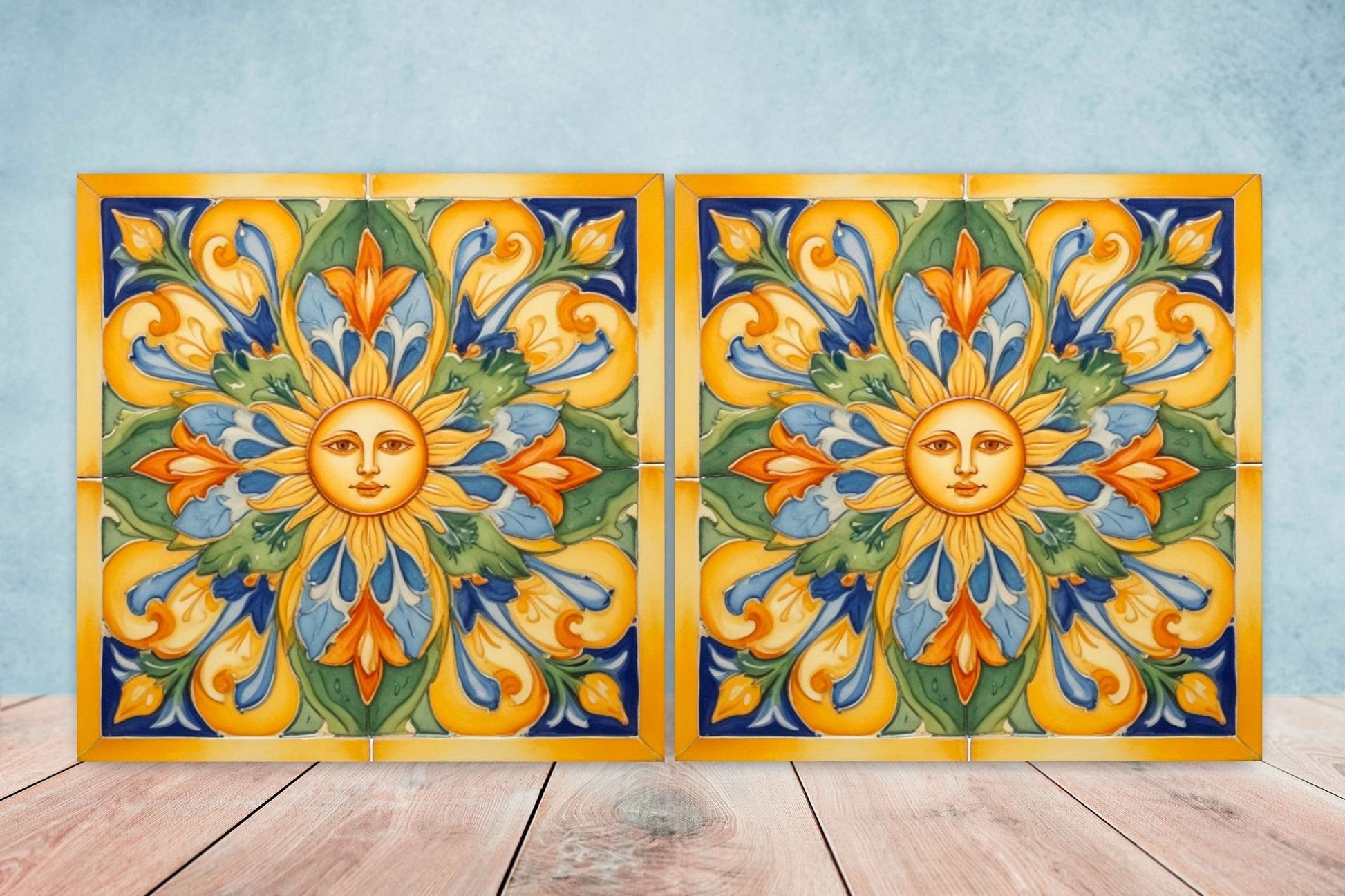 Italian Majolica Sun Tiles - Set of 2 Italian Wall Decor Tiles - Kitchen Backsplash Tiles, Table Decorative Tiles, Bathroom Tiles, Coaster