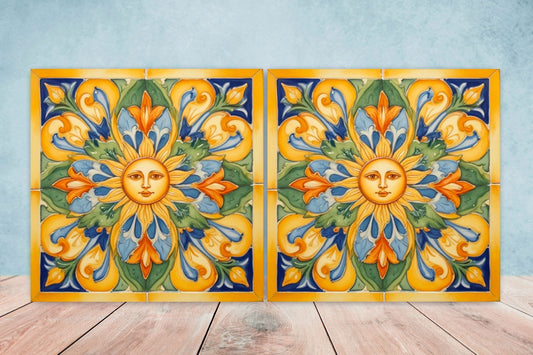 Italian Majolica Sun Tiles - Set of 2 Italian Wall Decor Tiles - Kitchen Backsplash Tiles, Table Decorative Tiles, Bathroom Tiles, Coaster