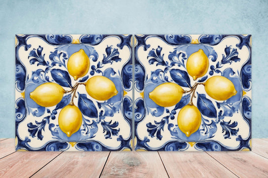Italian Majolica Lemon Tiles - Set of 2 Italian Wall Decor Tiles - Kitchen Backsplash Tiles, Table Decorative Tiles, Bathroom Tiles, Coaster
