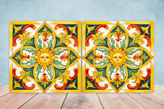 Italian Majolica Sun Tiles - Set of 2 Italian Wall Decor Tiles - Kitchen Backsplash Tiles, Table Decorative Tiles, Bathroom Tiles, Coaster