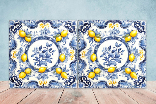 Italian Majolica Lemon Tiles - Set of 2 Italian Wall Decor Tiles - Kitchen Backsplash Tiles, Table Decorative Tiles, Bathroom Tiles, Coaster