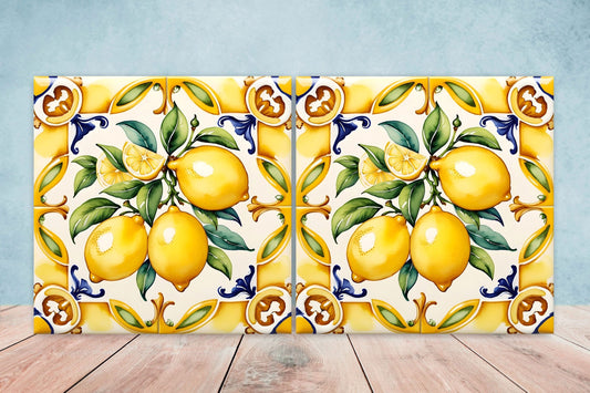 Italian Majolica Lemon Tiles - Set of 2 Italian Wall Decor Tiles - Kitchen Backsplash Tiles, Table Decorative Tiles, Bathroom Tiles, Coaster