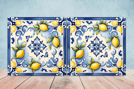 Italian Majolica Lemon Tiles - Set of 2 Italian Wall Decor Tiles - Kitchen Backsplash Tiles, Table Decorative Tiles, Bathroom Tiles, Coaster