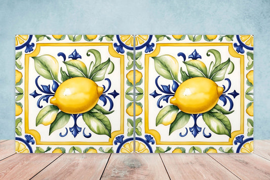 Italian Majolica Lemon Tiles - Set of 2 Italian Wall Decor Tiles - Kitchen Backsplash Tiles, Table Decorative Tiles, Bathroom Tiles, Coaster