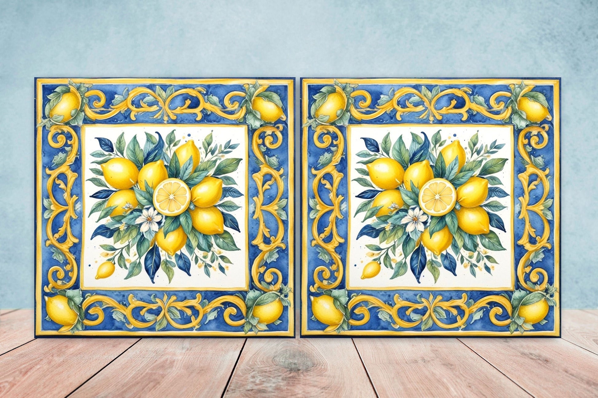 Italian Majolica Lemon Tiles - Set of 2 Italian Wall Decor Tiles - Kitchen Backsplash Tiles, Table Decorative Tiles, Bathroom Tiles, Coaster