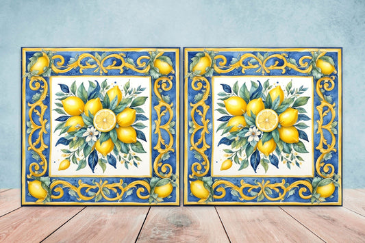 Italian Majolica Lemon Tiles - Set of 2 Italian Wall Decor Tiles - Kitchen Backsplash Tiles, Table Decorative Tiles, Bathroom Tiles, Coaster