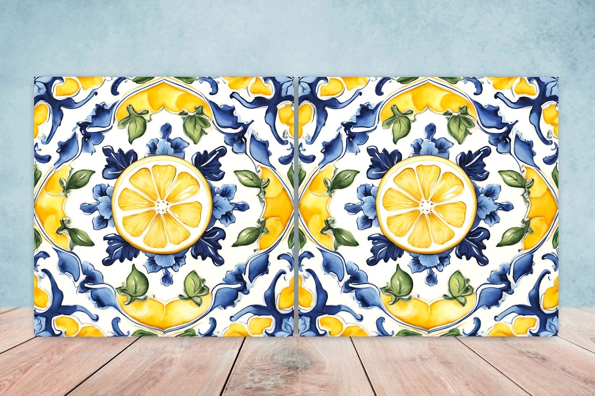 Italian Majolica Lemon Tiles - Set of 2 Italian Wall Decor Tiles - Kitchen Backsplash Tiles, Table Decorative Tiles, Bathroom Tiles, Coaster