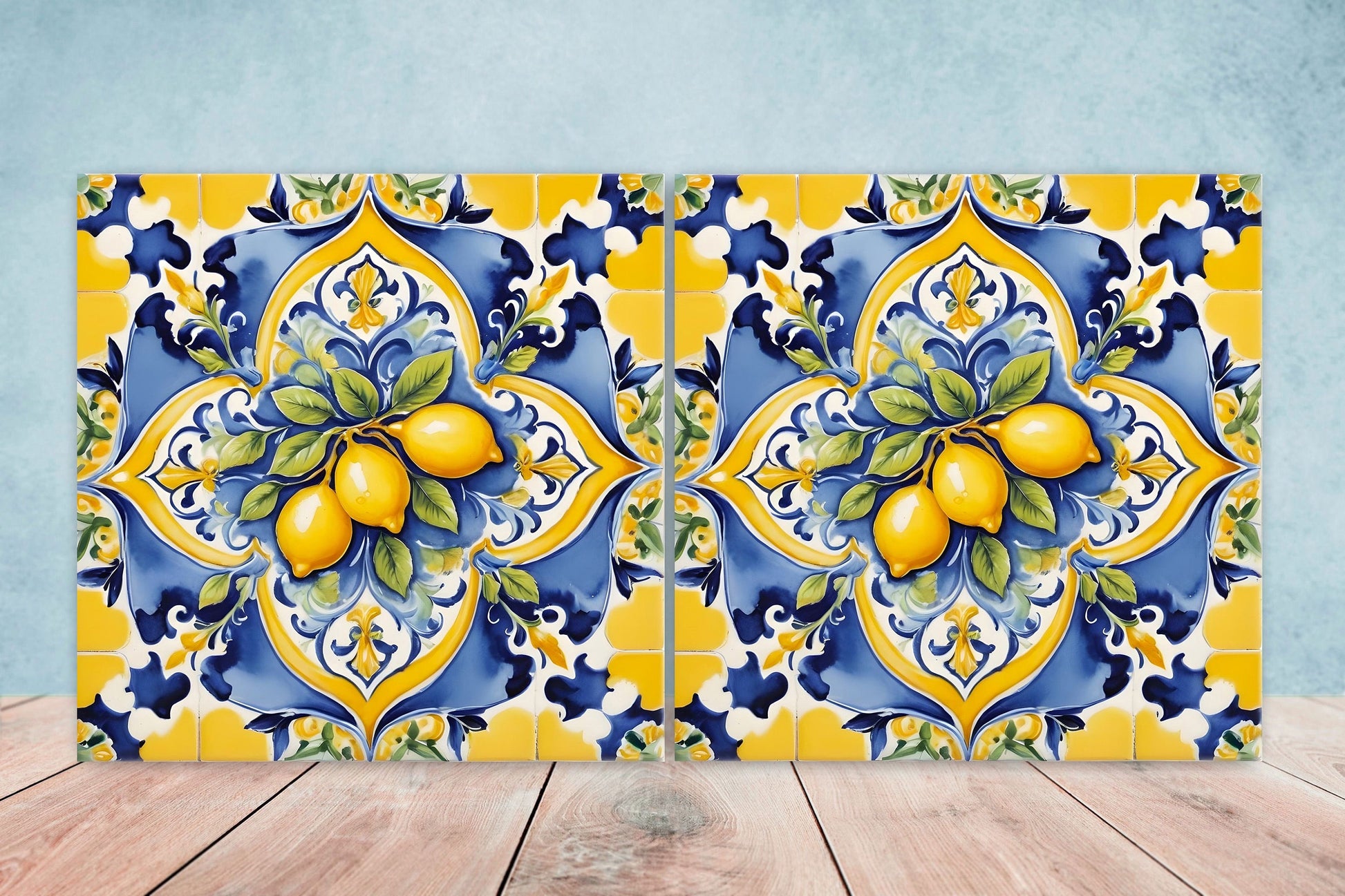 Italian Majolica Lemon Tiles - Set of 2 Italian Wall Decor Tiles - Kitchen Backsplash Tiles, Table Decorative Tiles, Bathroom Tiles, Coaster