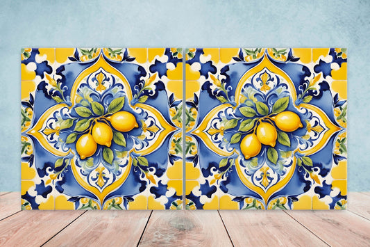Italian Majolica Lemon Tiles - Set of 2 Italian Wall Decor Tiles - Kitchen Backsplash Tiles, Table Decorative Tiles, Bathroom Tiles, Coaster
