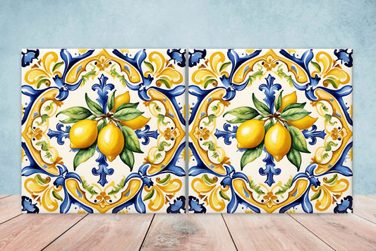 Italian Majolica Lemon Tiles - Set of 2 Italian Wall Decor Tiles - Kitchen Backsplash Tiles, Table Decorative Tiles, Bathroom Tiles, Coaster