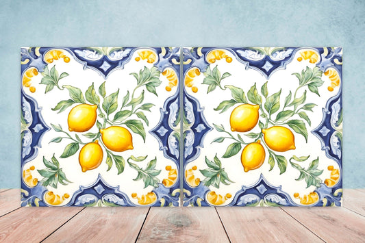 Italian Majolica Lemon Tiles - Set of 2 Italian Wall Decor Tiles - Kitchen Backsplash Tiles, Table Decorative Tiles, Bathroom Tiles, Coaster