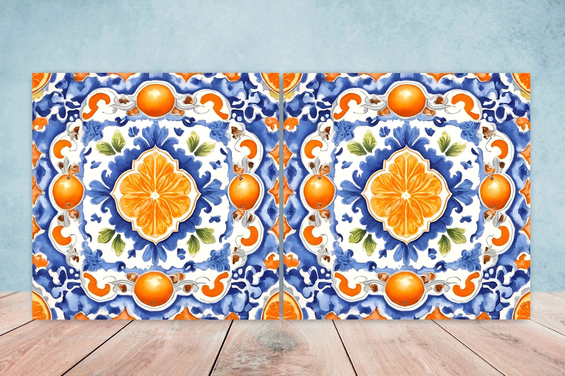 Italian Majolica Orange Tiles- Set of 2 Italian Wall Decor Tiles - Kitchen Backsplash Tiles, Table Decorative Tiles, Bathroom Tiles, Coaster