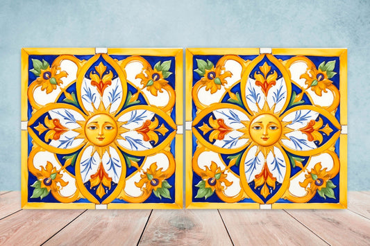 Italian Majolica Sun Tiles - Set of 2 Italian Wall Decor Tiles - Kitchen Backsplash Tiles, Table Decorative Tiles, Bathroom Tiles, Coaster