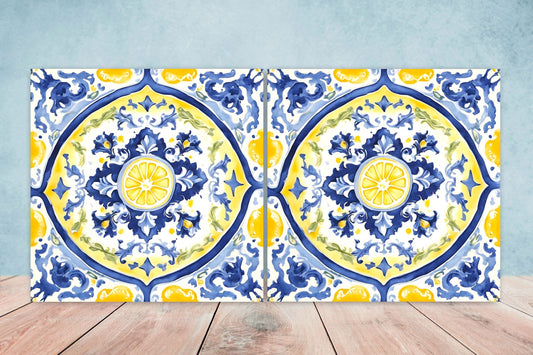 Italian Majolica Lemon Tiles - Set of 2 Italian Wall Decor Tiles - Kitchen Backsplash Tiles, Table Decorative Tiles, Bathroom Tiles, Coaster