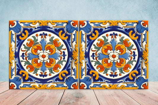 Italian Majolica Tiles - Set of 2 Sicilian Wall Decor Tiles - Kitchen Backsplash Tiles, Table Decorative Tiles, Bathroom Tiles, Coaster