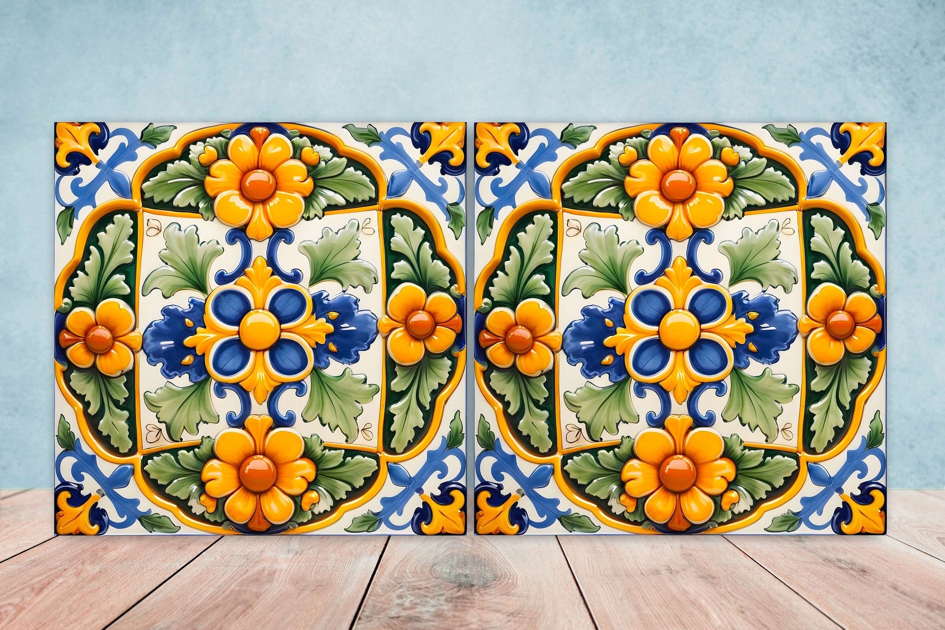 Italian Majolica Tiles - Set of 2 Sicilian Wall Decor Tiles - Kitchen Backsplash Tiles, Table Decorative Tiles, Bathroom Tiles, Coaster
