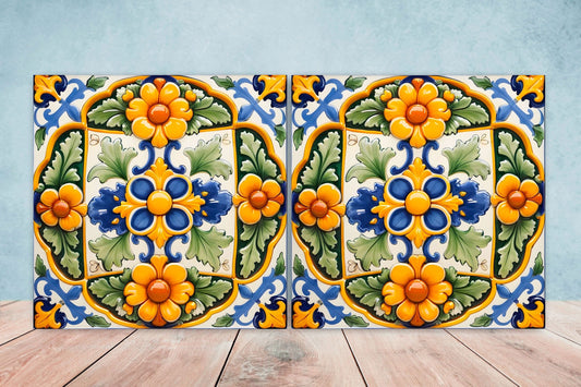 Italian Majolica Tiles - Set of 2 Sicilian Wall Decor Tiles - Kitchen Backsplash Tiles, Table Decorative Tiles, Bathroom Tiles, Coaster