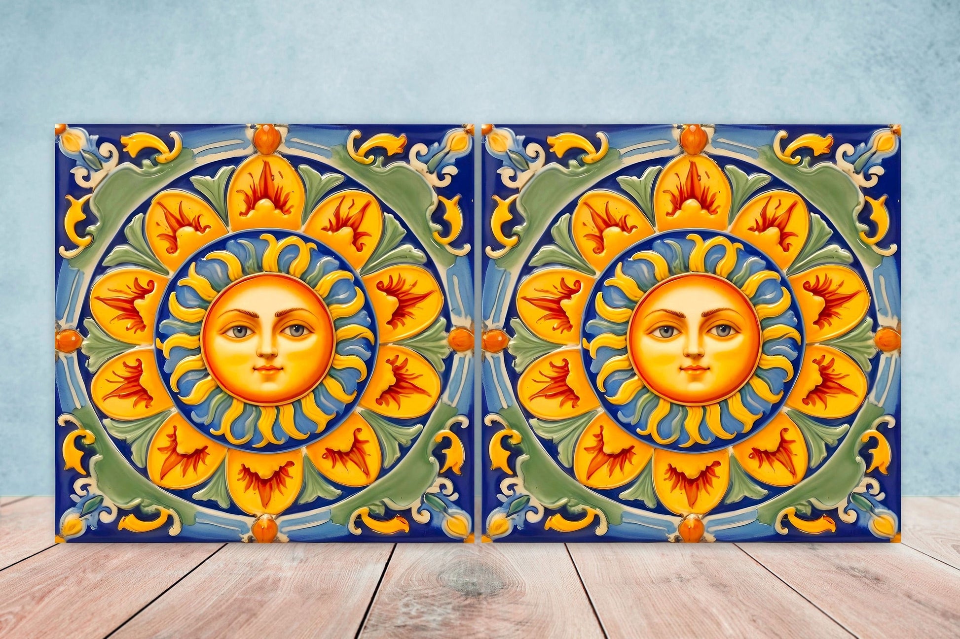 Italian Majolica Sun Tiles - Set of 2 Italian Wall Decor Tiles - Kitchen Backsplash Tiles, Table Decorative Tiles, Bathroom Tiles, Coaster
