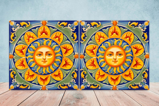 Italian Majolica Sun Tiles - Set of 2 Italian Wall Decor Tiles - Kitchen Backsplash Tiles, Table Decorative Tiles, Bathroom Tiles, Coaster