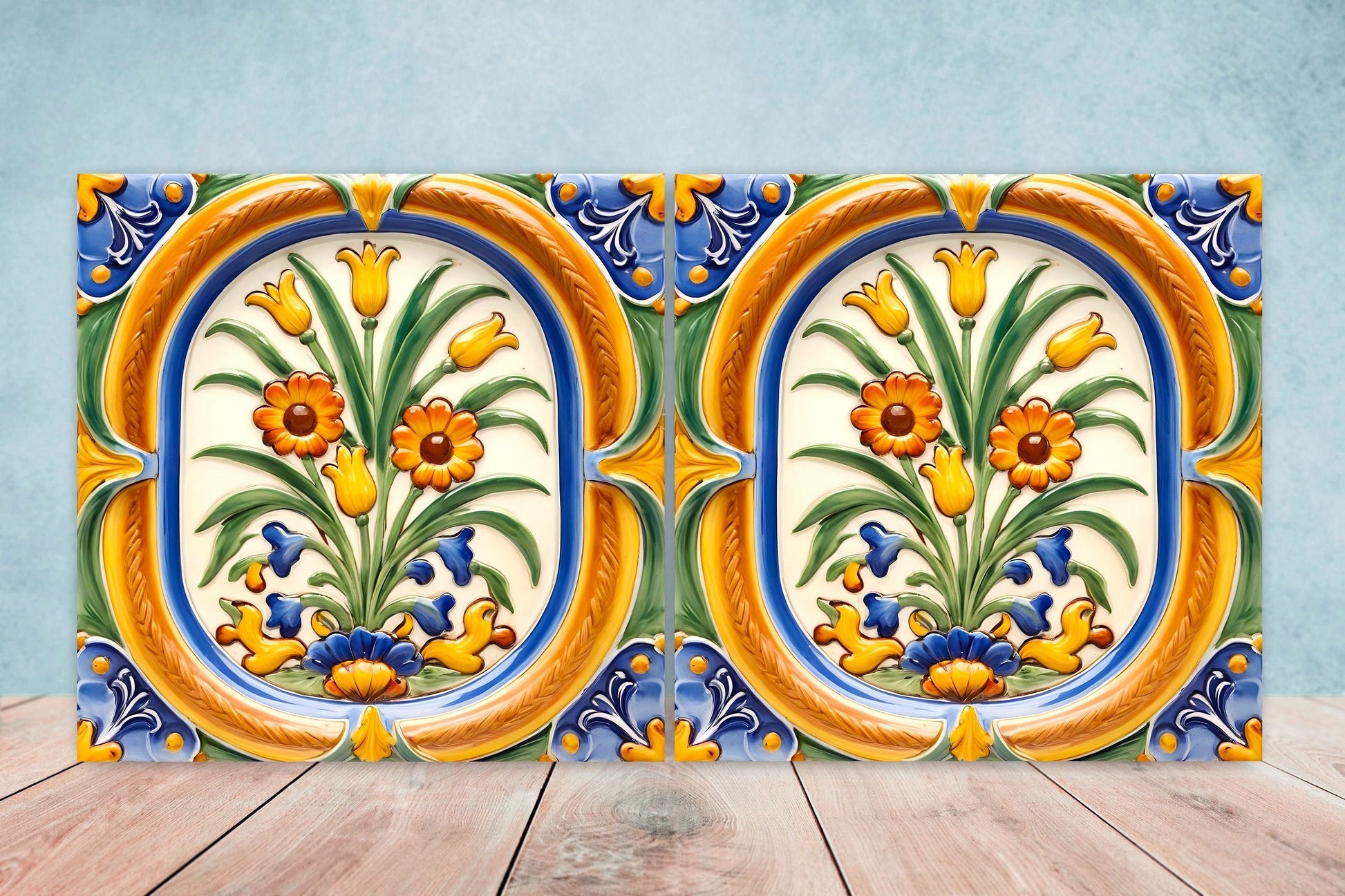 Italian Majolica Tiles - Set of 2 Sicilian Wall Decor Tiles - Kitchen Backsplash Tiles, Table Decorative Tiles, Bathroom Tiles, Coaster