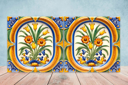 Italian Majolica Tiles - Set of 2 Sicilian Wall Decor Tiles - Kitchen Backsplash Tiles, Table Decorative Tiles, Bathroom Tiles, Coaster