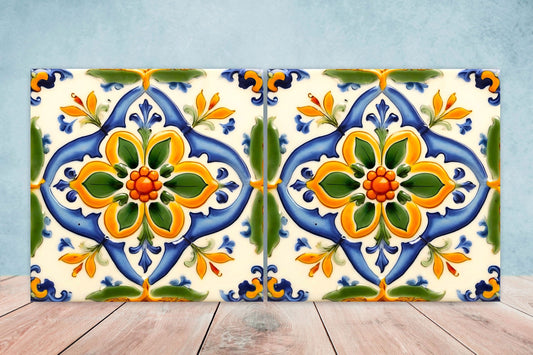Italian Majolica Tiles - Set of 2 Sicilian Wall Decor Tiles - Kitchen Backsplash Tiles, Table Decorative Tiles, Bathroom Tiles, Coaster