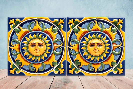Italian Majolica Sun Tiles - Set of 2 Italian Wall Decor Tiles - Kitchen Backsplash Tiles, Table Decorative Tiles, Bathroom Tiles, Coaster