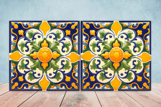 Italian Majolica Tiles - Set of 2 Sicilian Wall Decor Tiles - Kitchen Backsplash Tiles, Table Decorative Tiles, Bathroom Tiles, Coaster