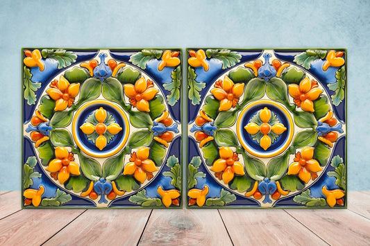 Italian Majolica Tiles - Set of 2 Sicilian Wall Decor Tiles - Kitchen Backsplash Tiles, Table Decorative Tiles, Bathroom Tiles, Coaster