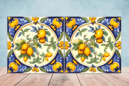 Italian Majolica Lemon Tiles - Set of 2 Italian Wall Decor Tiles - Kitchen Backsplash Tiles, Table Decorative Tiles, Bathroom Tiles, Coaster