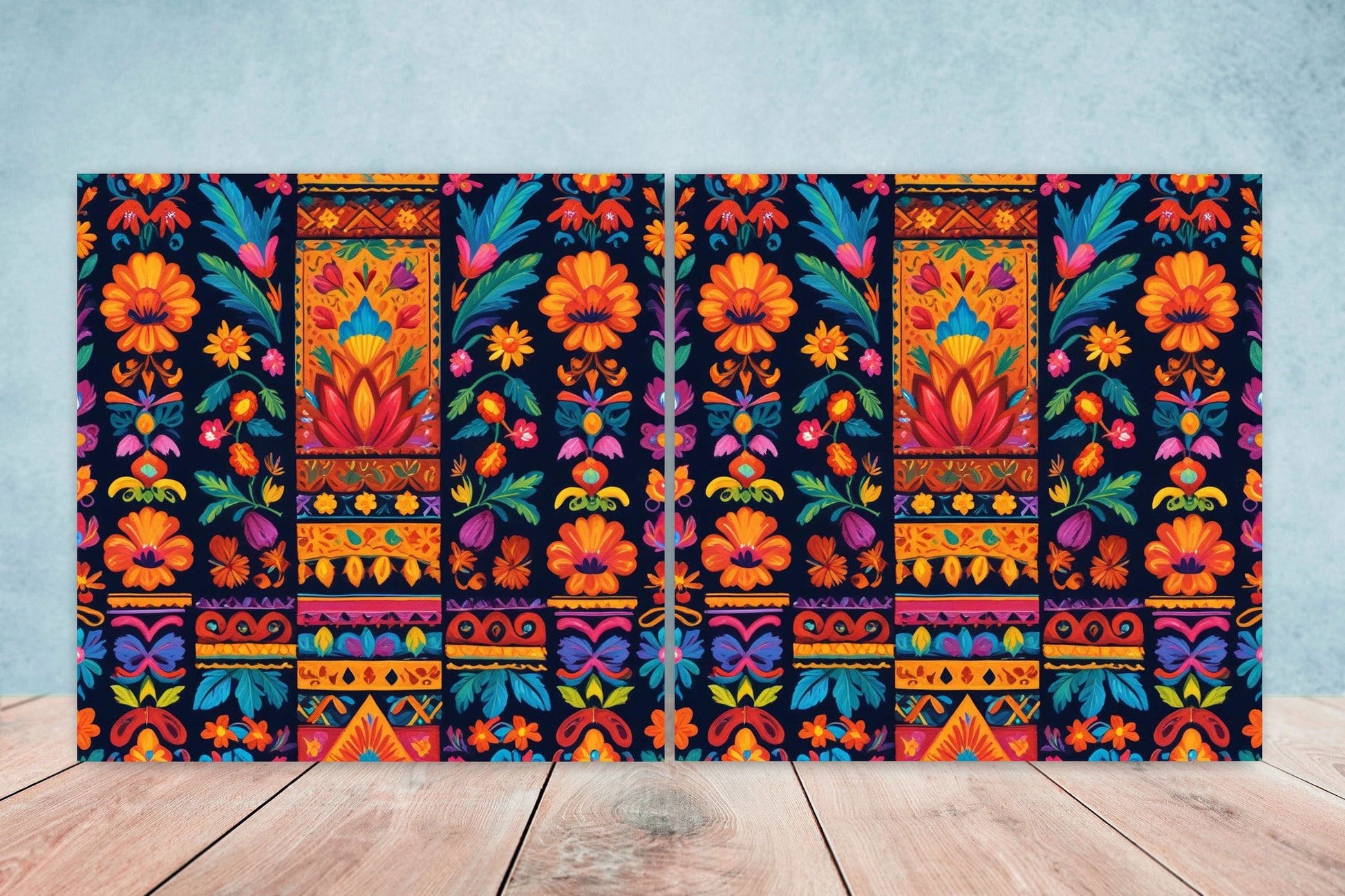 Mexican Ceramic tiles - Set of 2 Mexican Folk design Wall Decor Tiles, Flower Tiles, Kitchen Backsplash Tiles, Bathroom Tiles