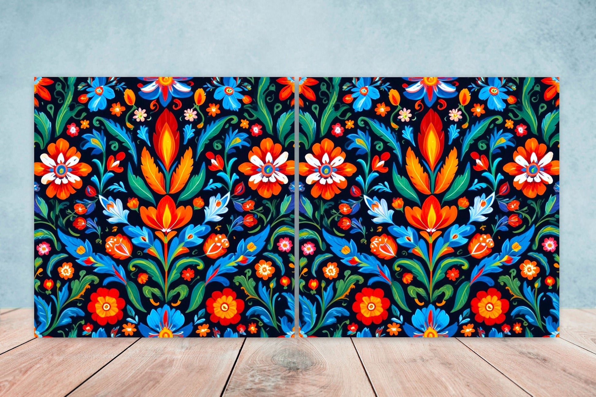 Mexican Ceramic tiles - Set of 2 Mexican Folk design Wall Decor Tiles, Flower Tiles, Floral Print - Kitchen Backsplash Tiles, Bathroom Tiles