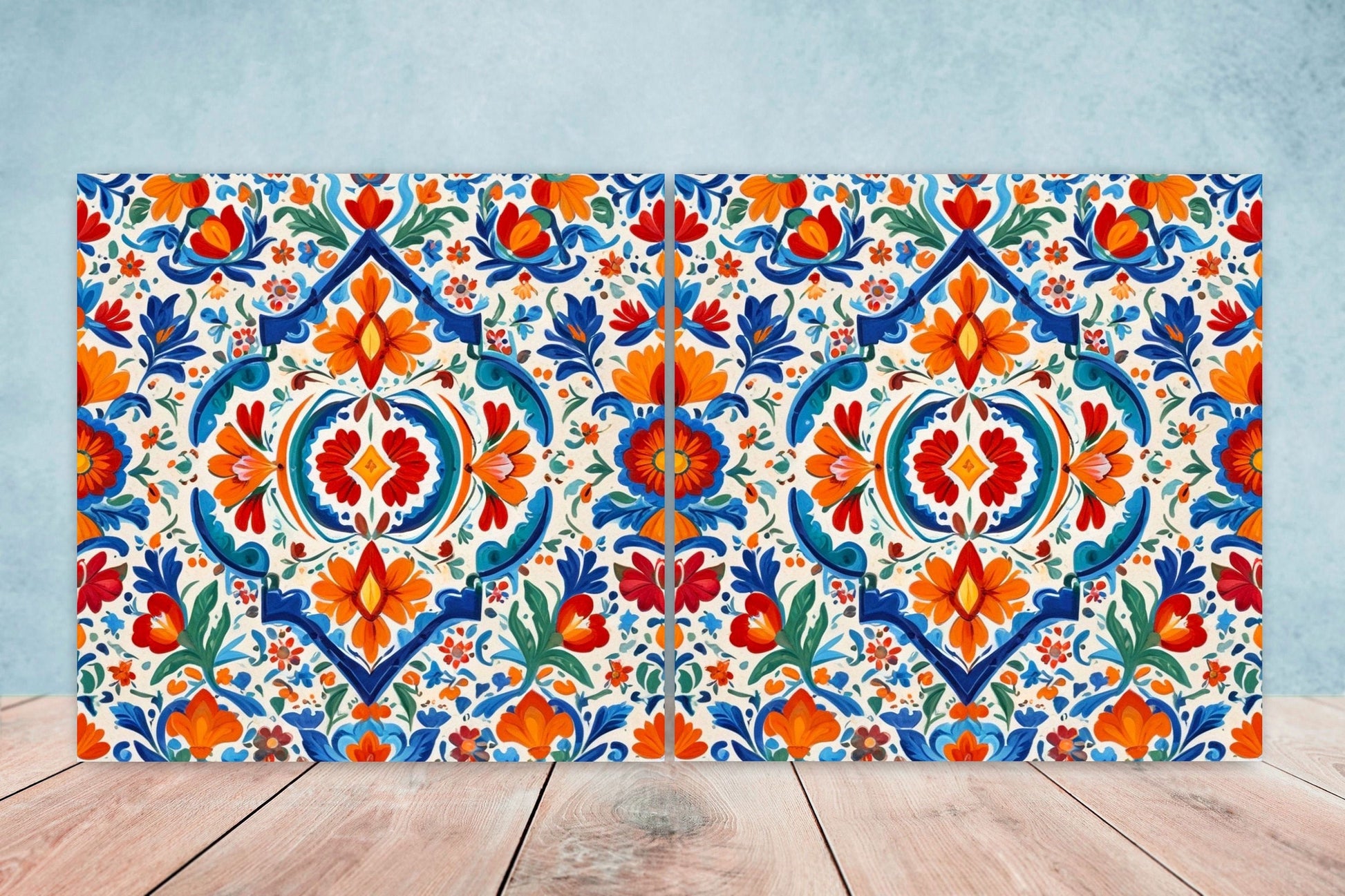 Mexican Ceramic tiles - Set of 2 Mexican Folk design Wall Decor Tiles, Flower Tiles, Floral Print - Kitchen Backsplash Tiles, Bathroom Tiles