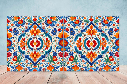 Mexican Ceramic tiles - Set of 2 Mexican Folk design Wall Decor Tiles, Flower Tiles, Floral Print - Kitchen Backsplash Tiles, Bathroom Tiles
