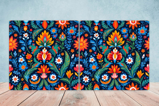 Mexican Ceramic tiles - Set of 2 Mexican Folk design Wall Decor Tiles, Flower Tiles, Floral Print - Kitchen Backsplash Tiles, Bathroom Tiles