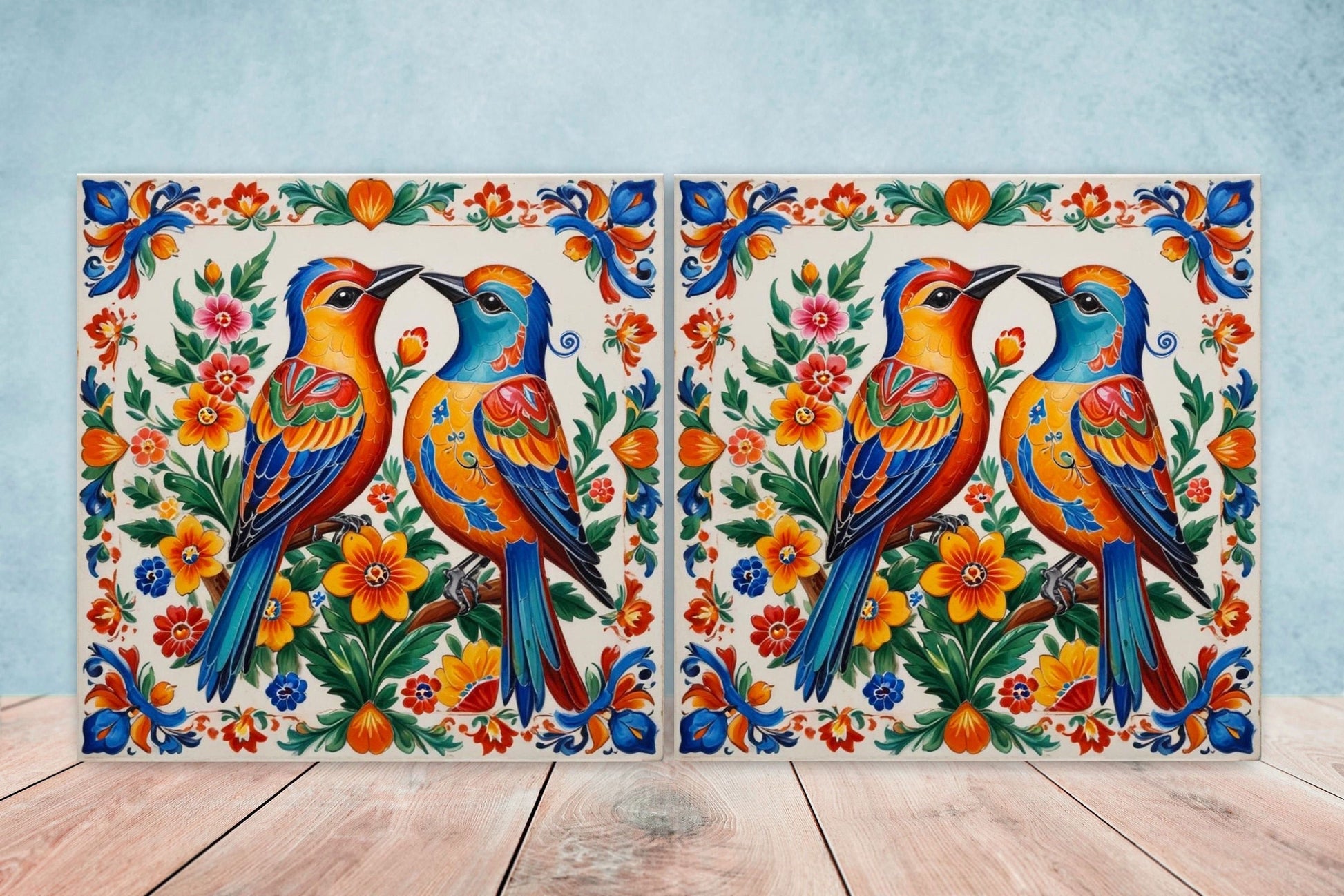 Mexican Ceramic tiles - Set of 2 Mexican Folk design Wall Decor Tiles, Bird Tiles, Birds Print - Kitchen Backsplash Tiles, Bathroom Tiles