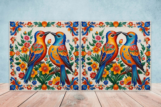 Mexican Ceramic tiles - Set of 2 Mexican Folk design Wall Decor Tiles, Bird Tiles, Birds Print - Kitchen Backsplash Tiles, Bathroom Tiles