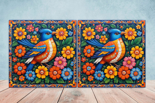 Mexican Ceramic tiles - Set of 2 Mexican Folk design Wall Decor Tiles, Bird Tiles, Birds Print - Kitchen Backsplash Tiles, Bathroom Tiles