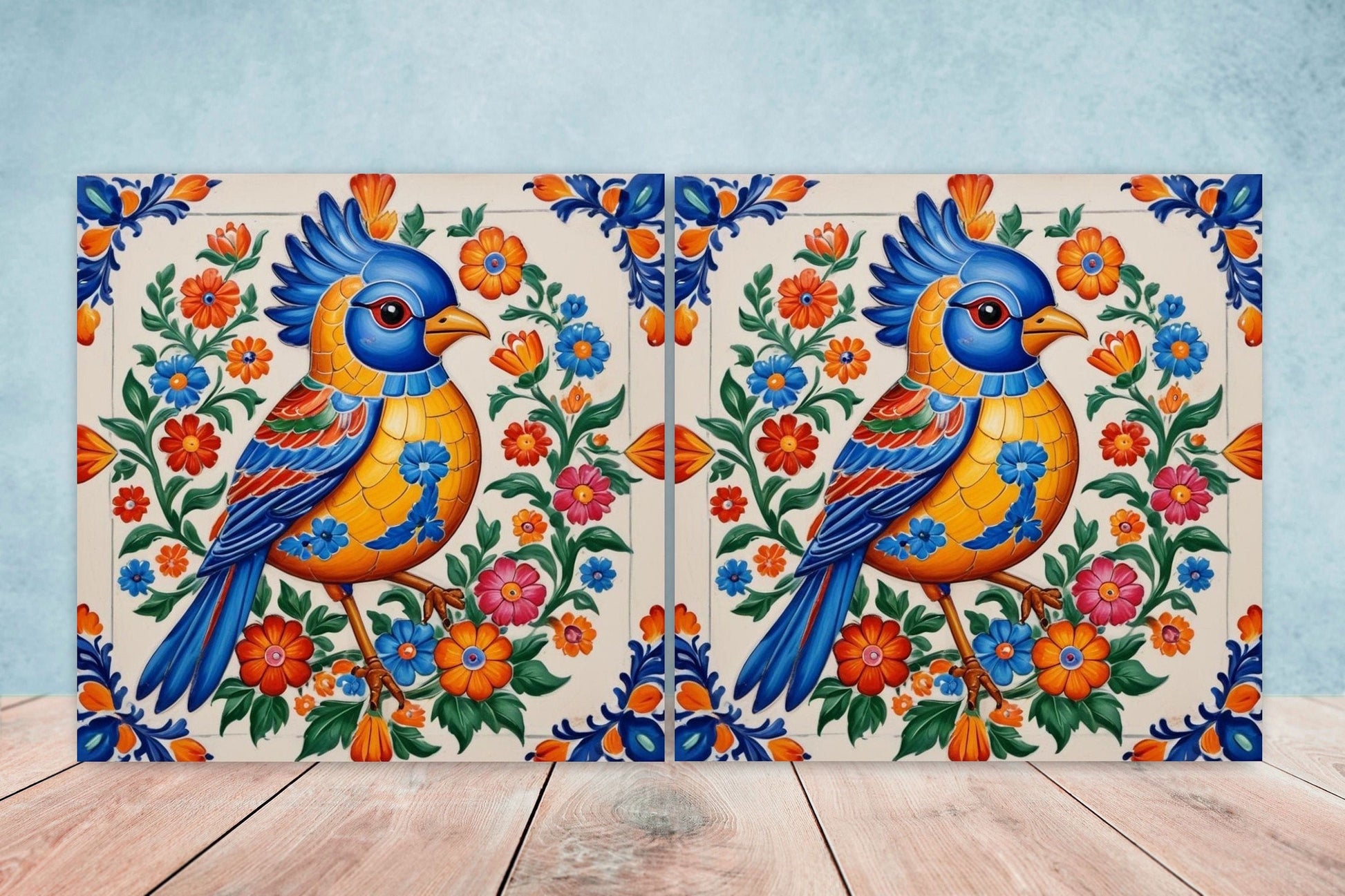 Mexican Ceramic tiles - Set of 2 Mexican Folk design Wall Decor Tiles, Bird Tiles, Birds Print - Kitchen Backsplash Tiles, Bathroom Tiles