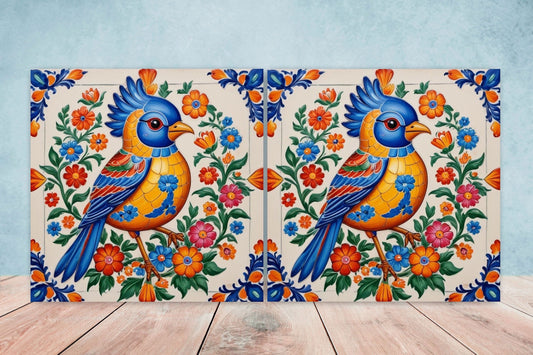 Mexican Ceramic tiles - Set of 2 Mexican Folk design Wall Decor Tiles, Bird Tiles, Birds Print - Kitchen Backsplash Tiles, Bathroom Tiles