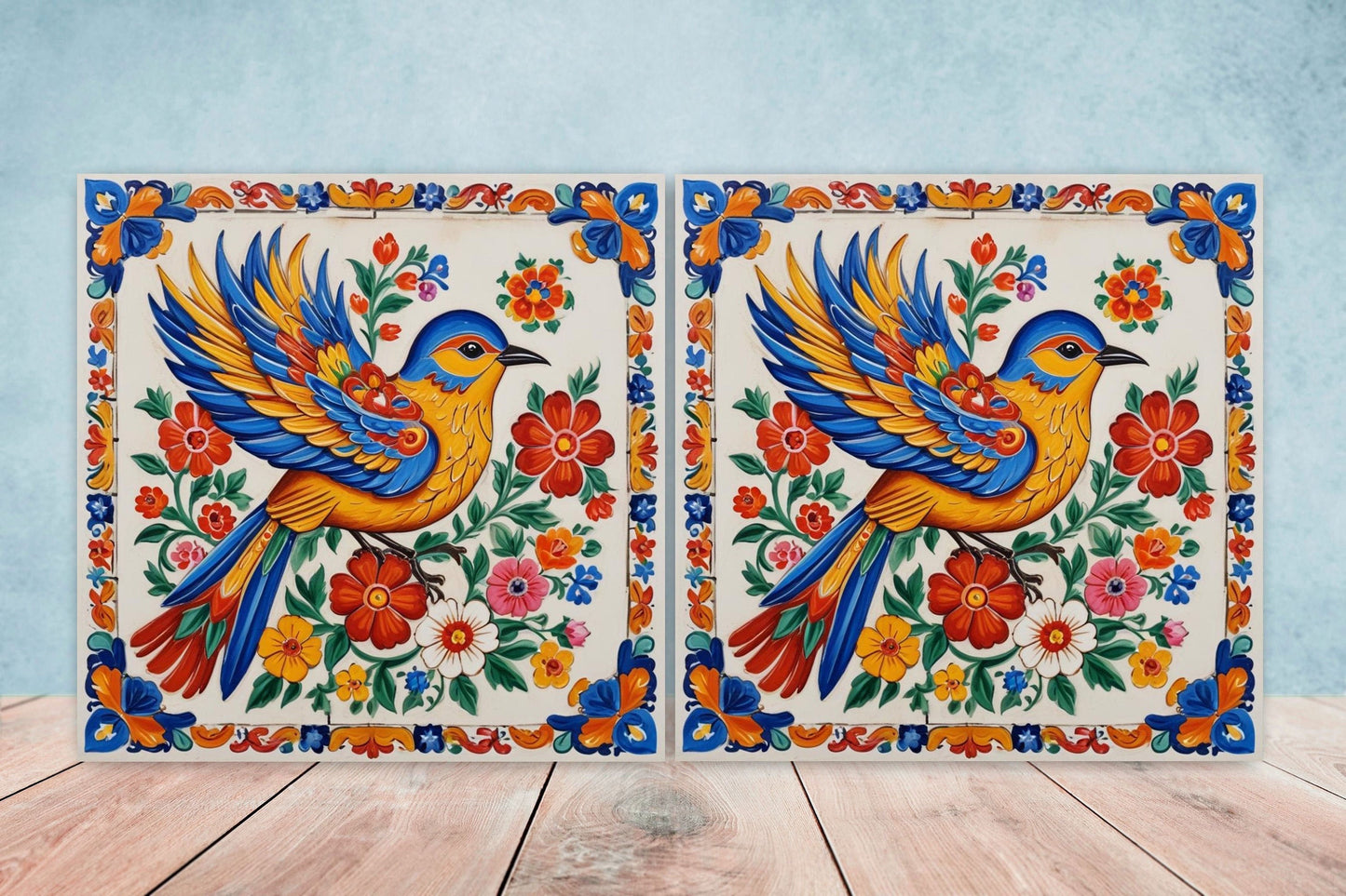 Mexican Ceramic tiles - Set of 2 Mexican Folk design Wall Decor Tiles, Bird Tiles, Birds Print - Kitchen Backsplash Tiles, Bathroom Tiles