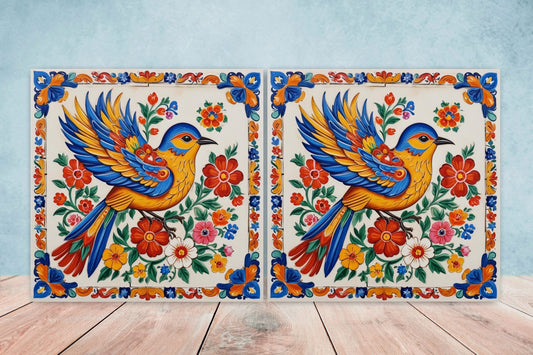 Mexican Ceramic tiles - Set of 2 Mexican Folk design Wall Decor Tiles, Bird Tiles, Birds Print - Kitchen Backsplash Tiles, Bathroom Tiles