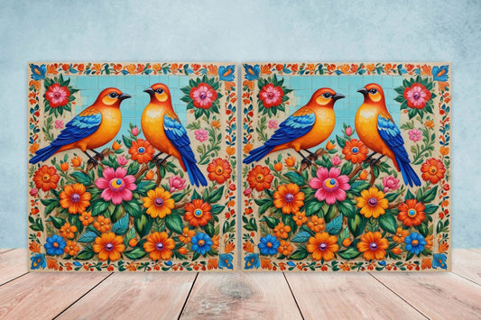 Mexican Ceramic tiles - Set of 2 Mexican Folk design Wall Decor Tiles, Bird Tiles, Birds Print - Kitchen Backsplash Tiles, Bathroom Tiles