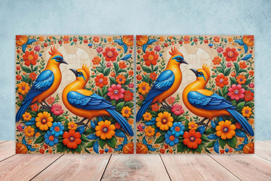 Mexican Ceramic tiles - Set of 2 Mexican Folk design Wall Decor Tiles, Bird Tiles, Birds Print - Kitchen Backsplash Tiles, Bathroom Tiles