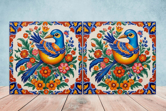 Mexican Ceramic tiles - Set of 2 Mexican Folk design Wall Decor Tiles, Bird Tiles, Birds Print - Kitchen Backsplash Tiles, Bathroom Tiles