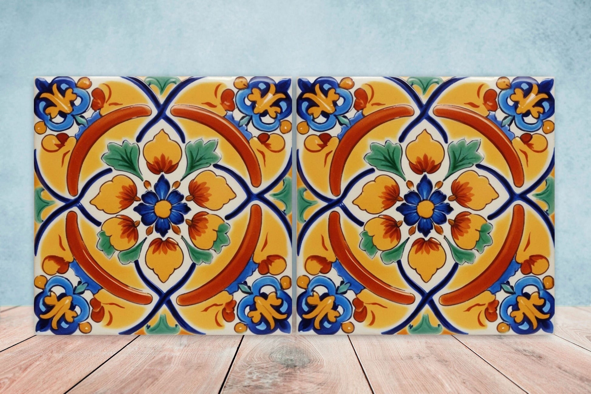 Spanish Ceramic Flower Tiles - Set of 2 Spanish Wall Decor Tiles - Kitchen Backsplash Tiles, Table Decorative Tiles, Bathroom Tiles, Coaster